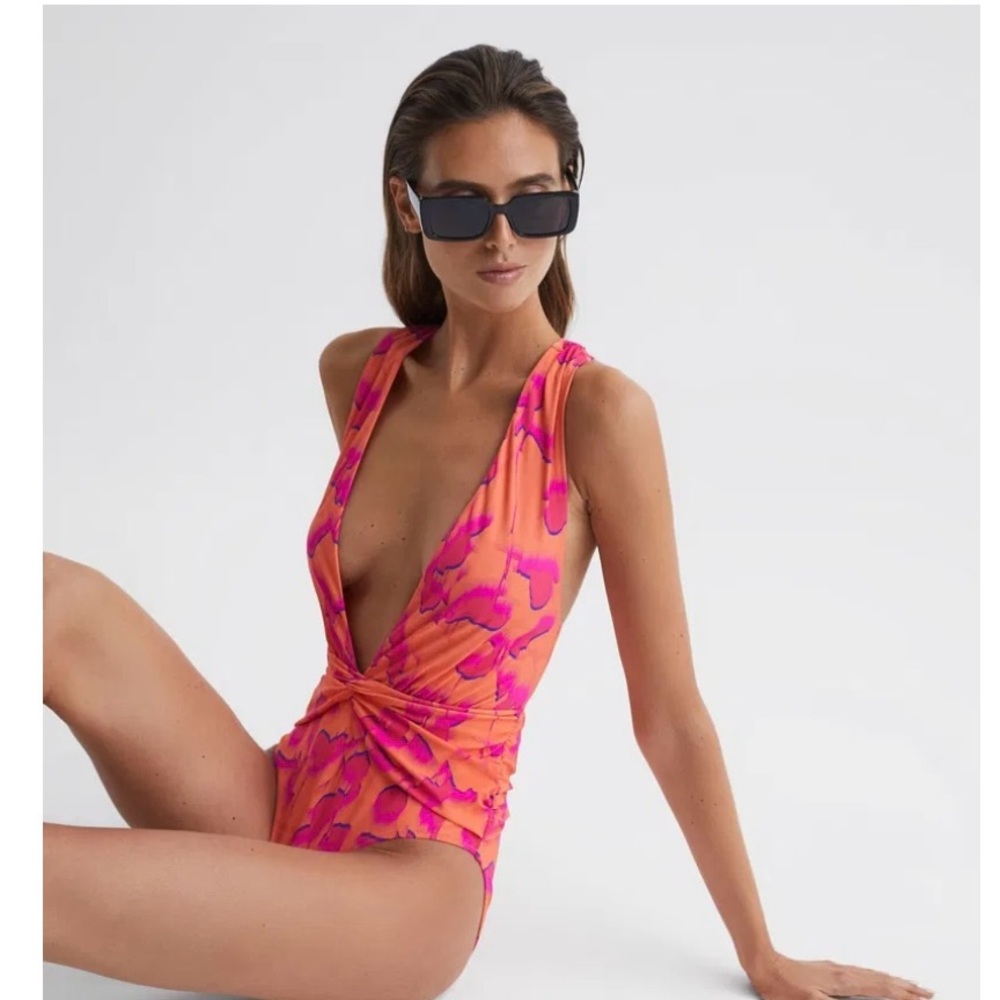 Reiss Orange and Pink Plunge One-Piece Swimsuit